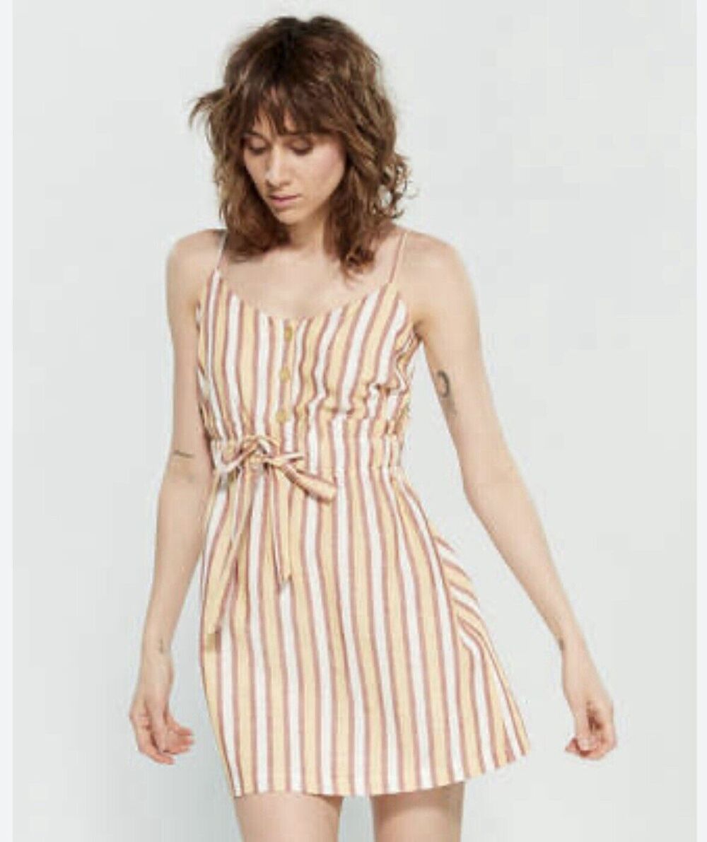 Lush Linen Blend Small‎ Mini Dress Women's Striped Yellow Boho Summer Beach